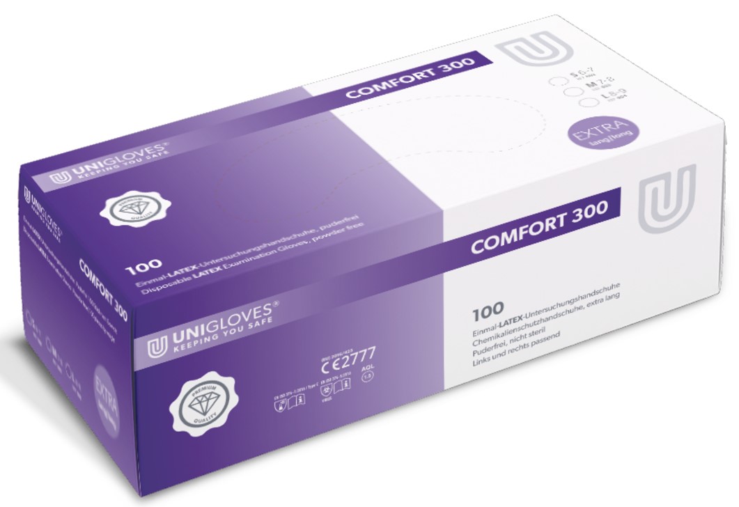 Unigloves Comfort 300 Latex disposable gloves powder free