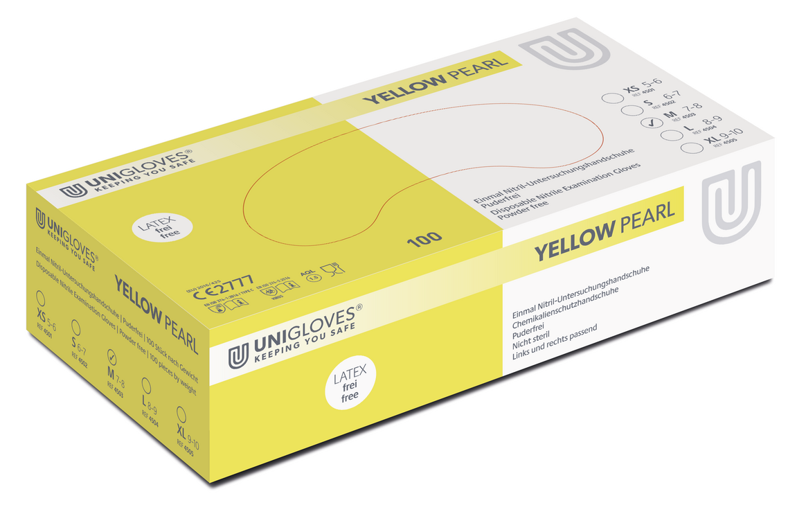 Unigloves Yellow Pearl disposable nitrile gloves powder free