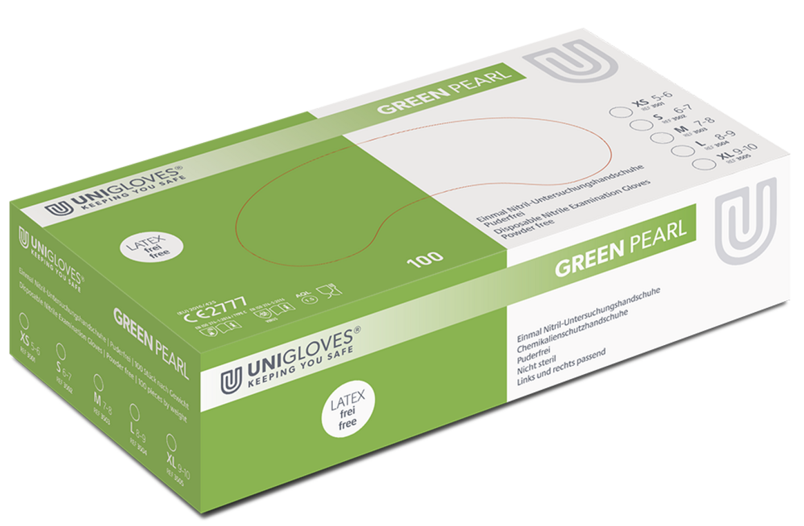 Unigloves Green Pearl disposable nitrile gloves powder free
