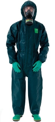 Microchem / AlphaTec 4000 Overall with hood and Ansellbarrier gloves model 121 green