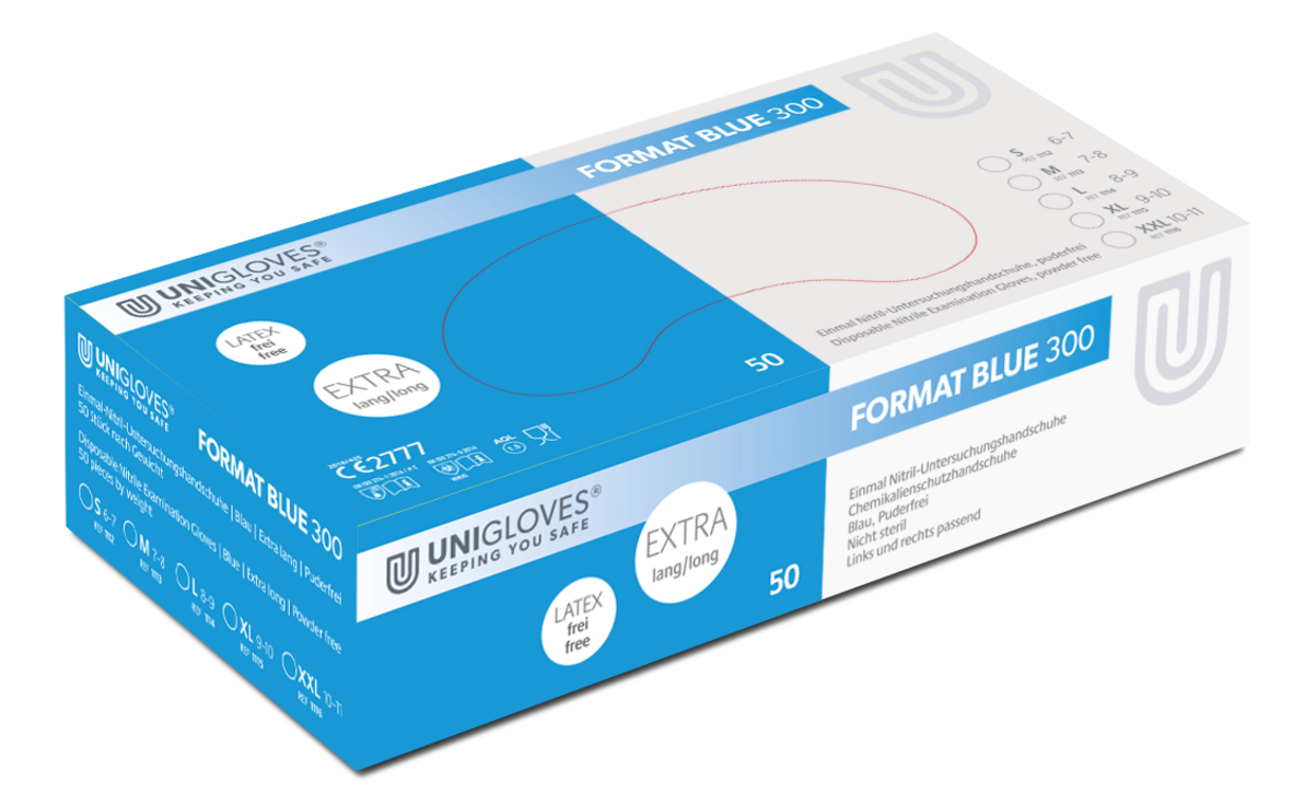 Unigloves Format Blue 300 disposable nitrile gloves powder free blue 